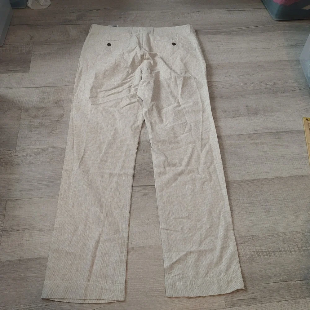 Banana Republic Mens 35x32 Linen Blend Neutral Stripe Straight Leg Pants Cream